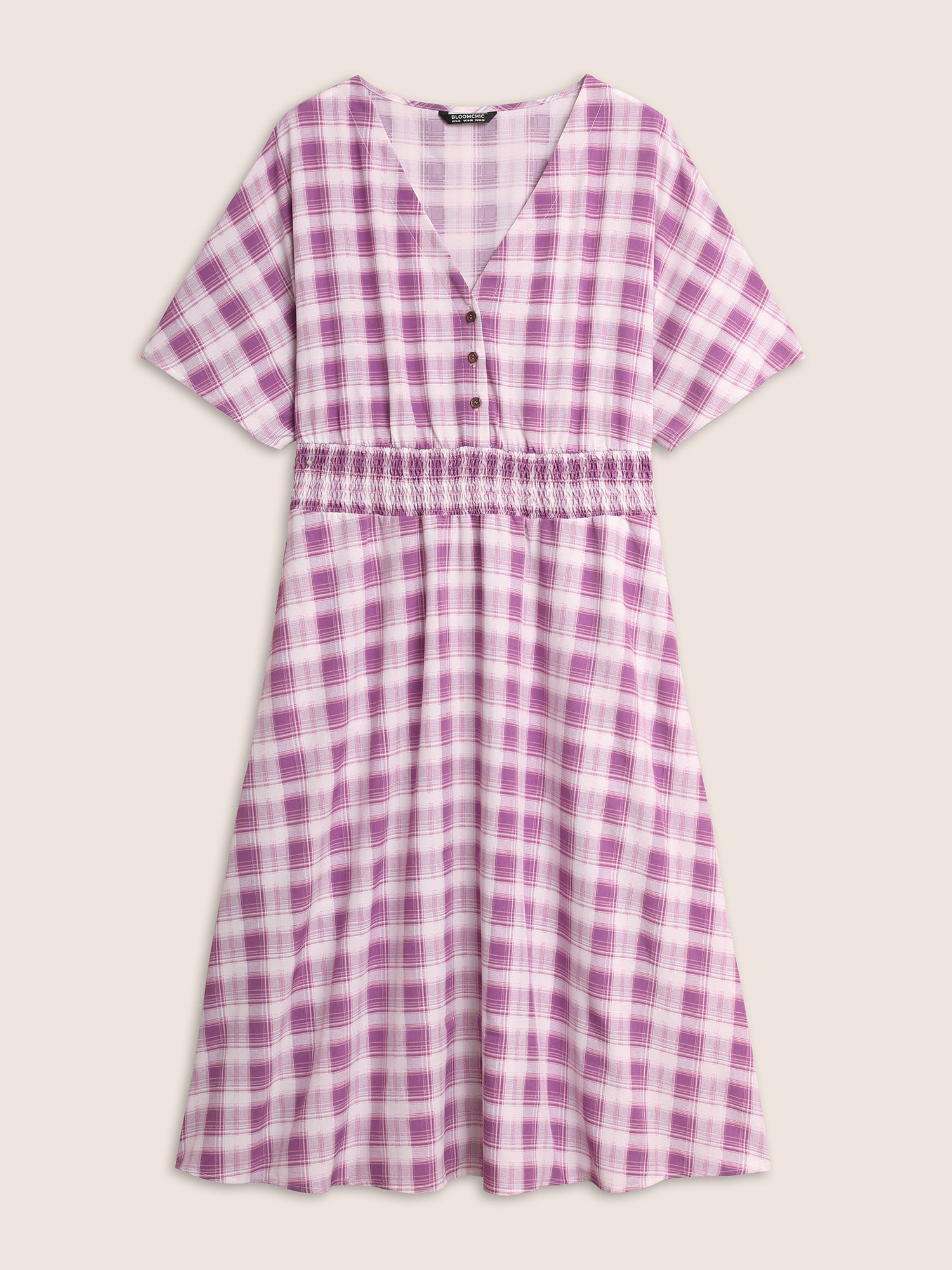 Gingham Shirred Button Up Dolman Sleeve Dress