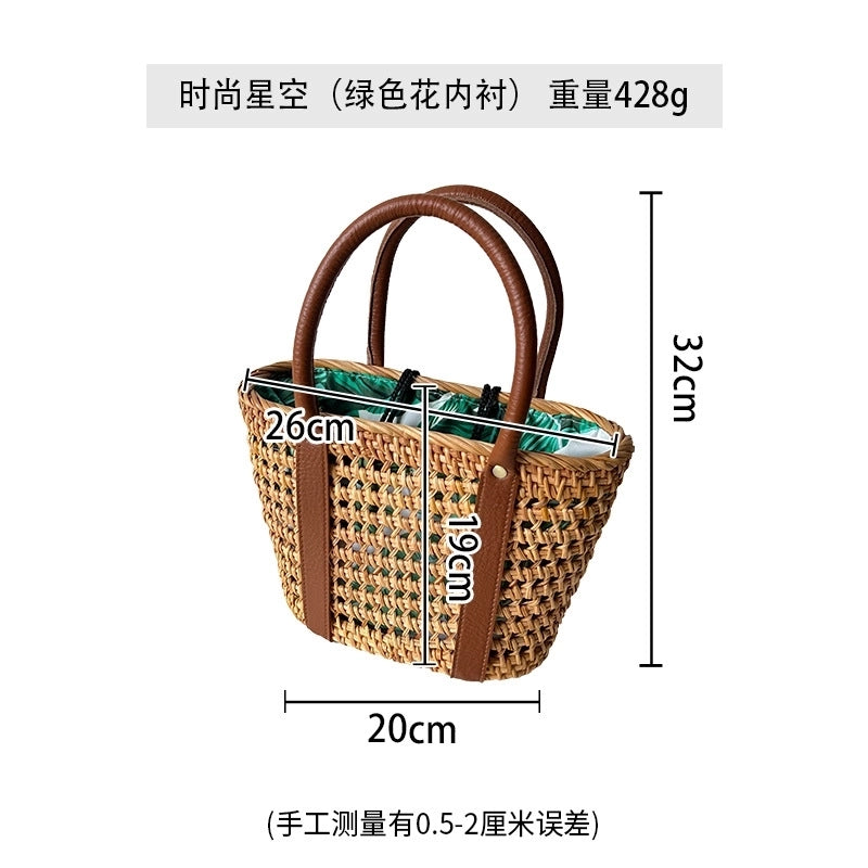 Women's Medium Straw Geometric Vacation Bucket String Straw Bag