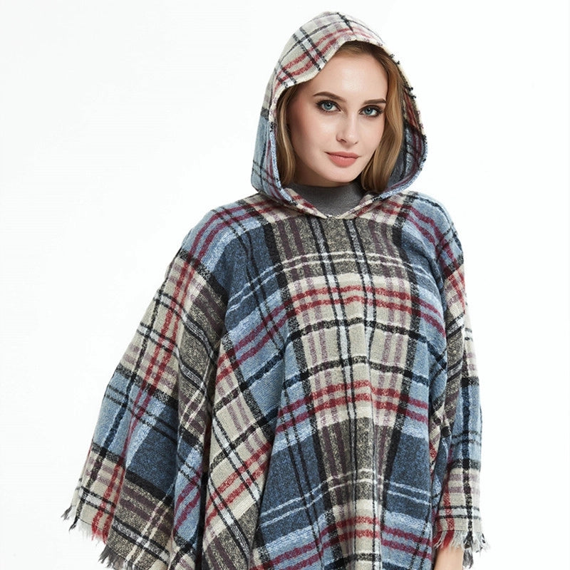 Direct New Cape Europe And The United States Spring And Autumn And Winter New Barbed Wool Pullover Plaid Hat Cape Shawl