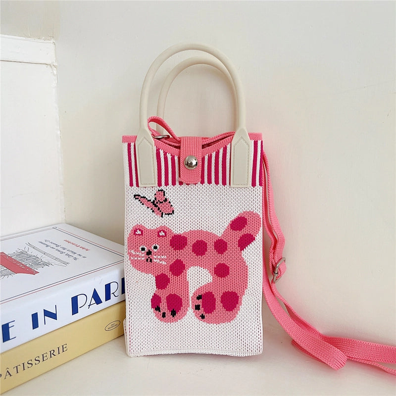 Women's Small Knit Cat Vintage Style Classic Style Bucket Buckle Handbag