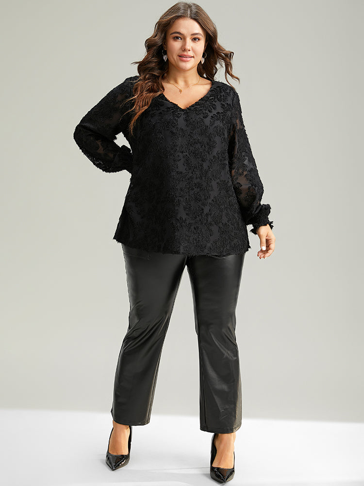 Plain Appliques Mesh V Neck Shirred Blouse
