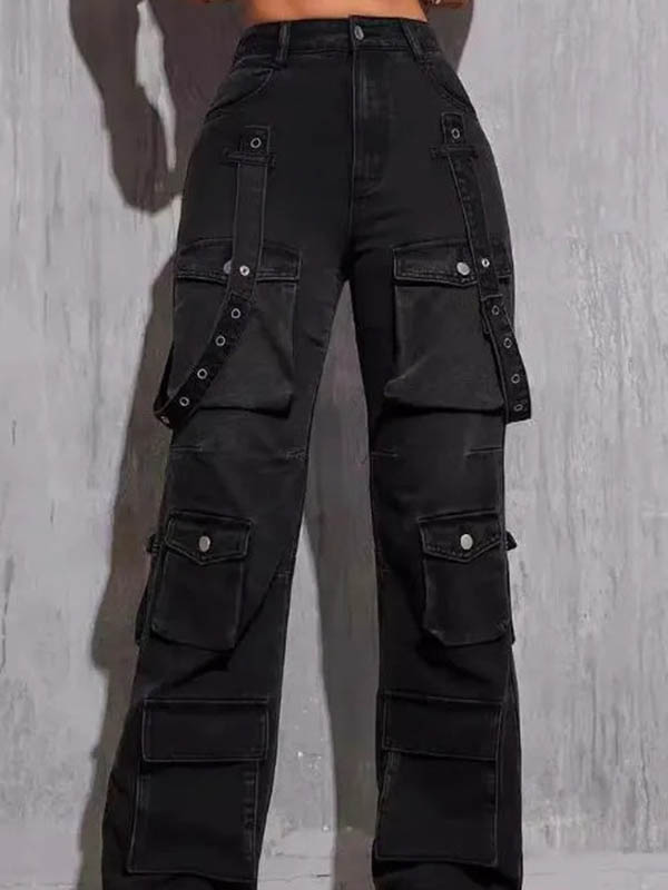 High Waisted Buttoned Pockets Solid Color Jean Pants Bottoms Trousers
