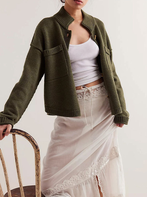 Long Sleeves Loose Buttoned Pockets Solid Color Split-Joint Stand Collar Cardigan Tops