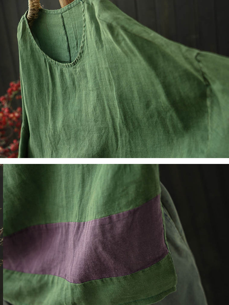 Women Summer Retro Colorblock O-Neck Raime Shirt
