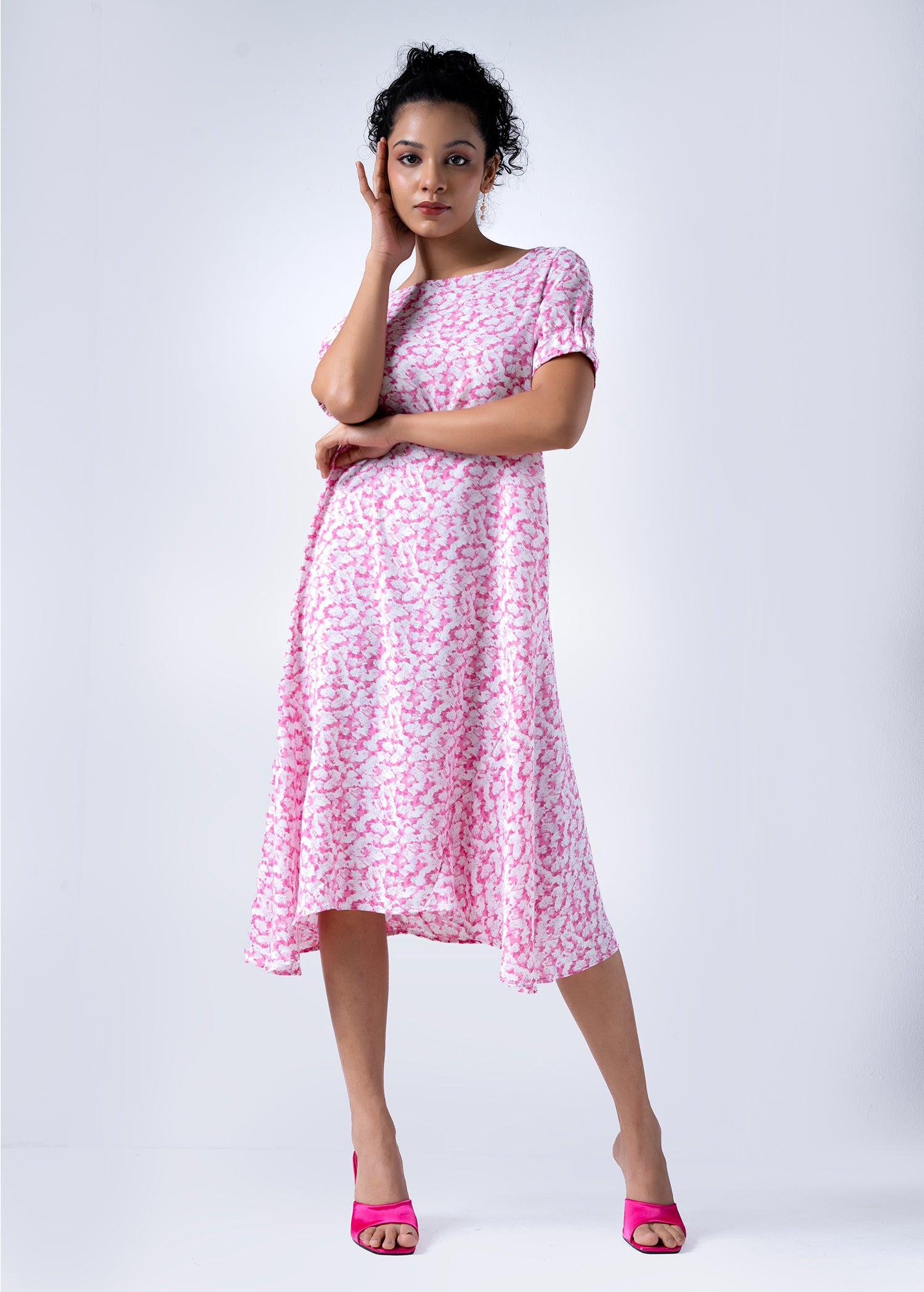 Printed Dress With Elasticated Sleeves