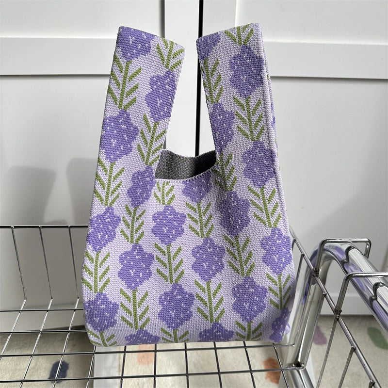 Women's Small Knit Printing Lattice Flower Elegant Classic Style Square Open Handbag