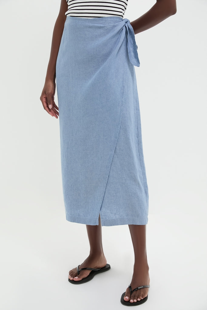 Channel Blue Delave Linen Tie Wrap Skirt