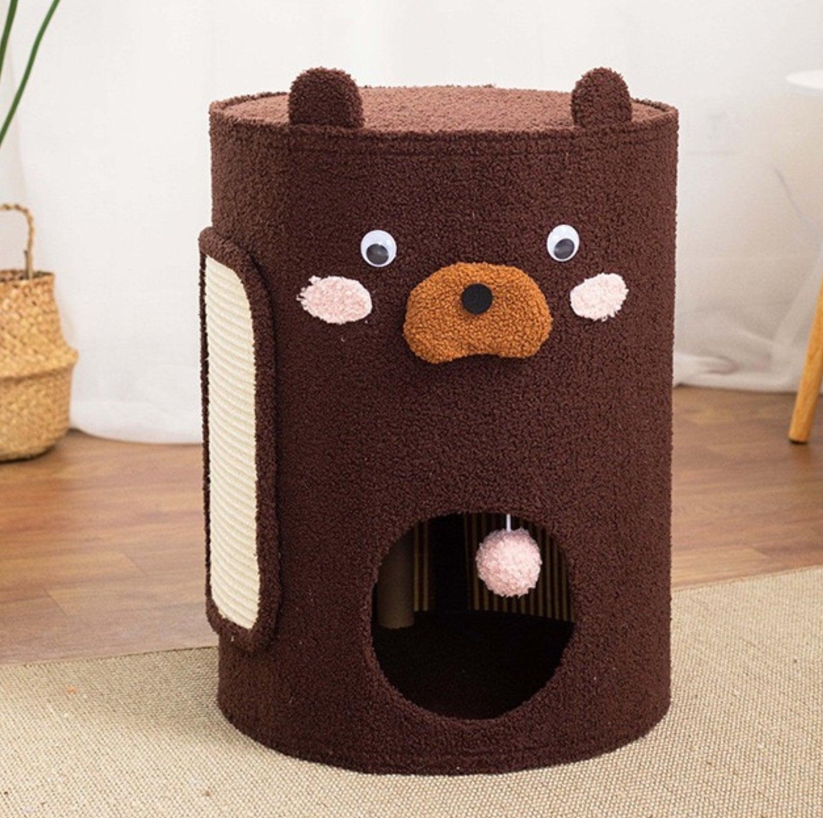 Bear Barrel Cat Scratching Post with Detachable Plush Covering