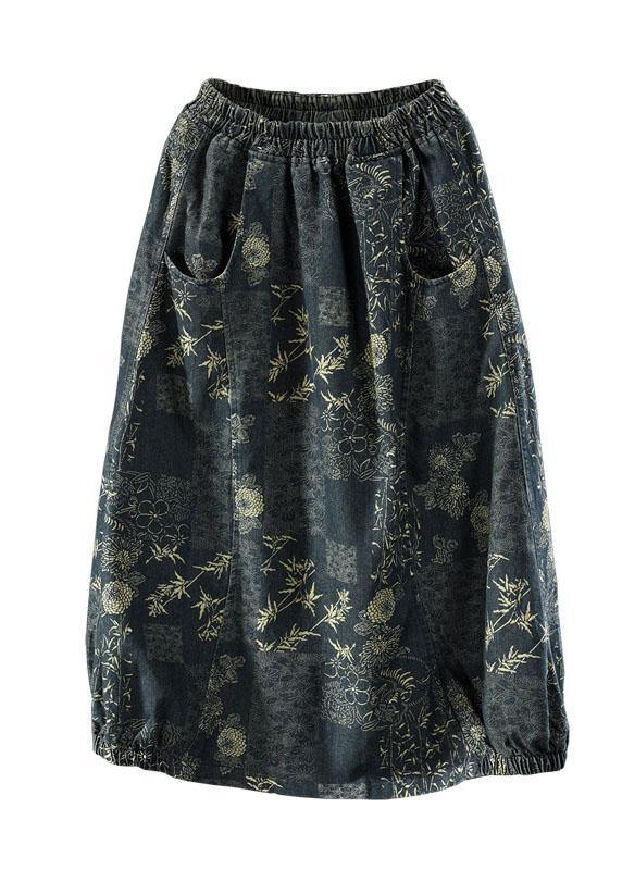 Beautiful Floral Elastic Waist Pockets Denim Skirts