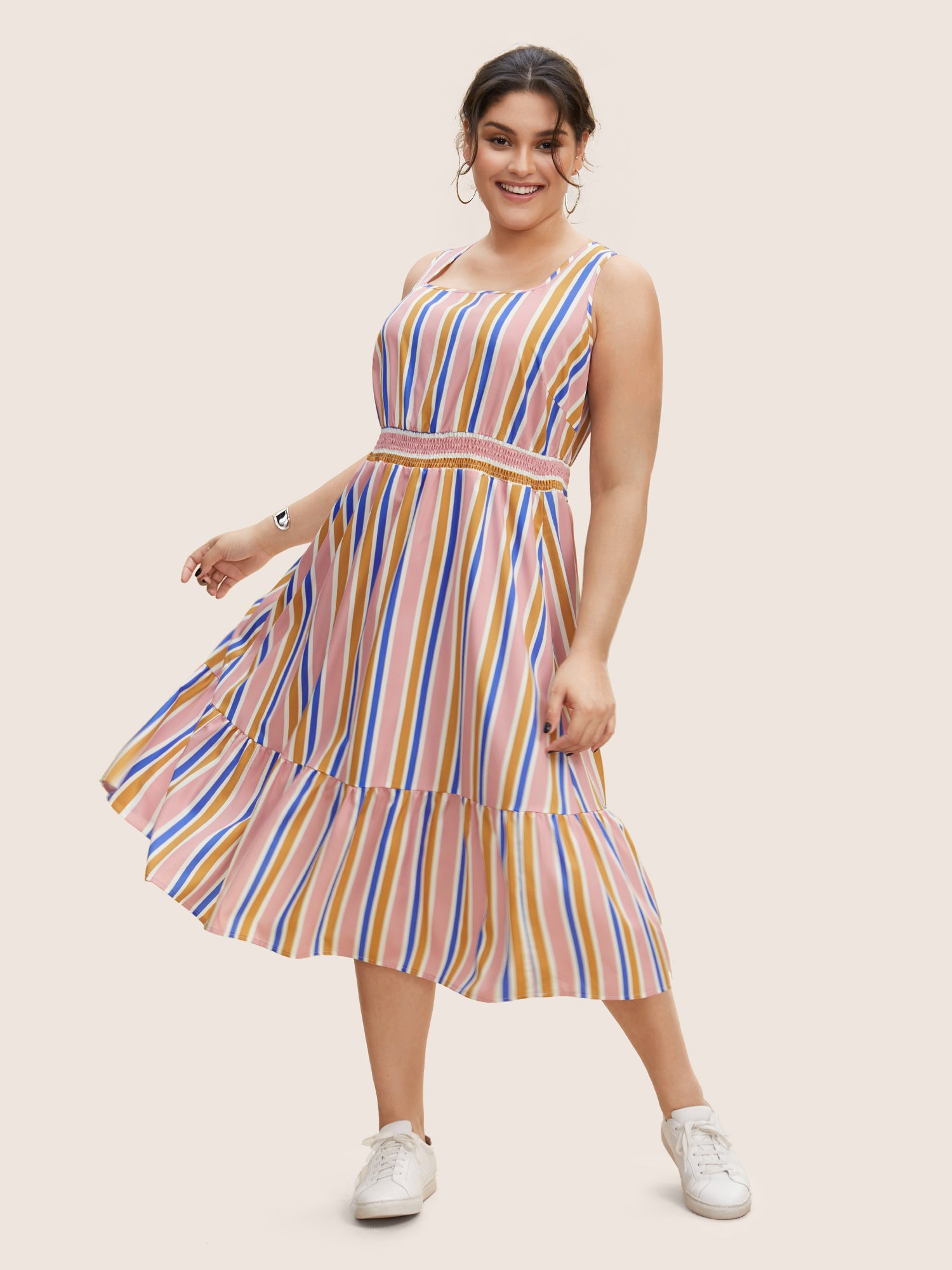 Contrast Striped Shirred Ruffle Hem Midi Dress