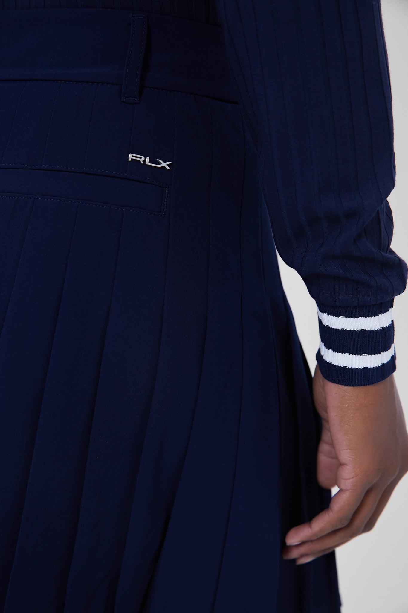 Refined Navy 4 Way Stretch 15 Inch High Waisted Pleated Skort