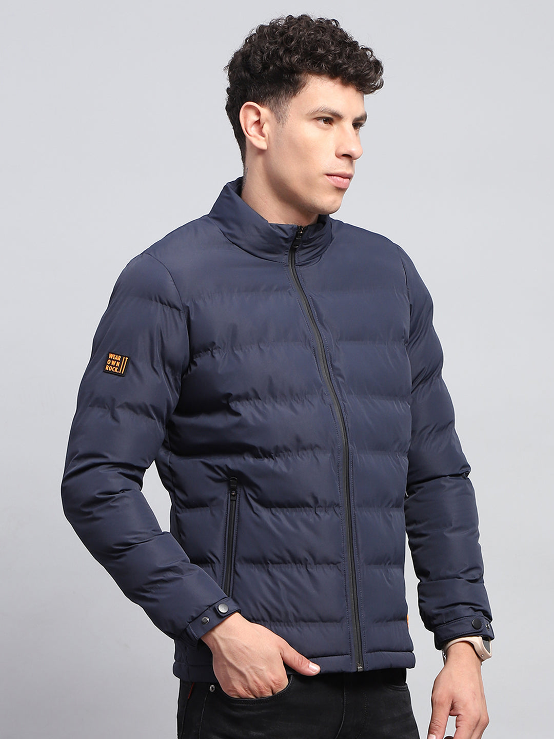 Men Navy Blue Solid Mock Neck Full Sleeve Jacket