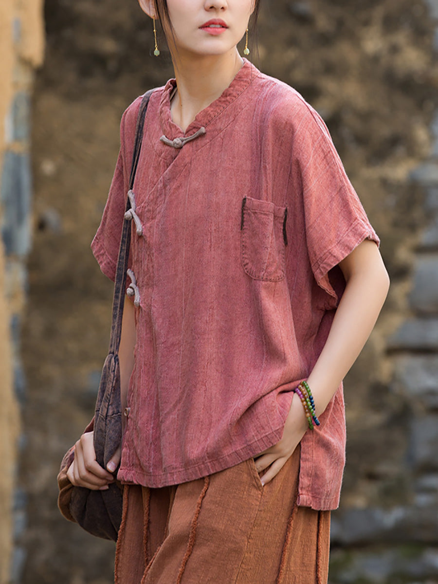 Women Summer Ethnic Pure Color Stand Collar Linen Shirt