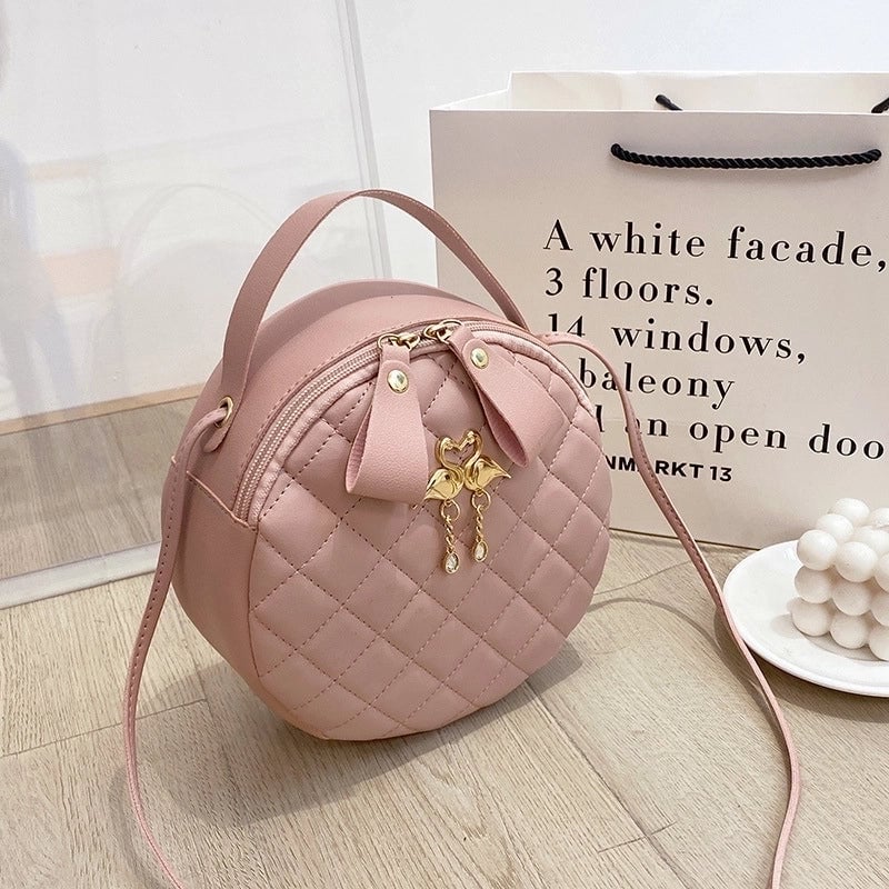Round Bag Handbag Women's Diamond Pattern Bag Embroidered Small Bag