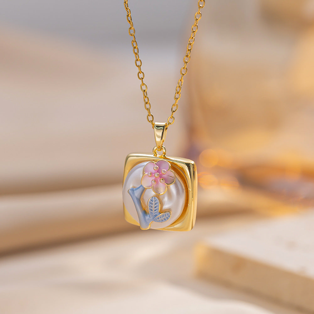 Retro Oil Drop Baroque Freshwater Pearl Enamel High-Grade Painted Flower Pendant Necklace