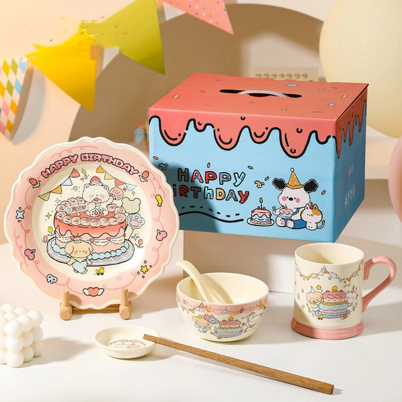Cute Cartoon Ceramics Plate Bowl Mug 1 Set