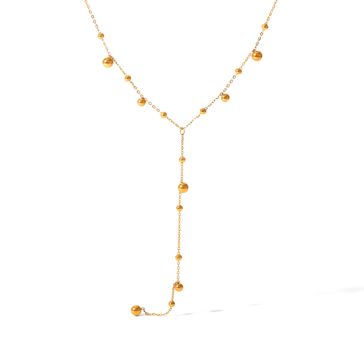 Ins Style Stainless Steel Y-Shaped Chain Necklace Design Round Bead Chain Small Gold Ball Pendant Necklace Titanium Steel Sweater Chain