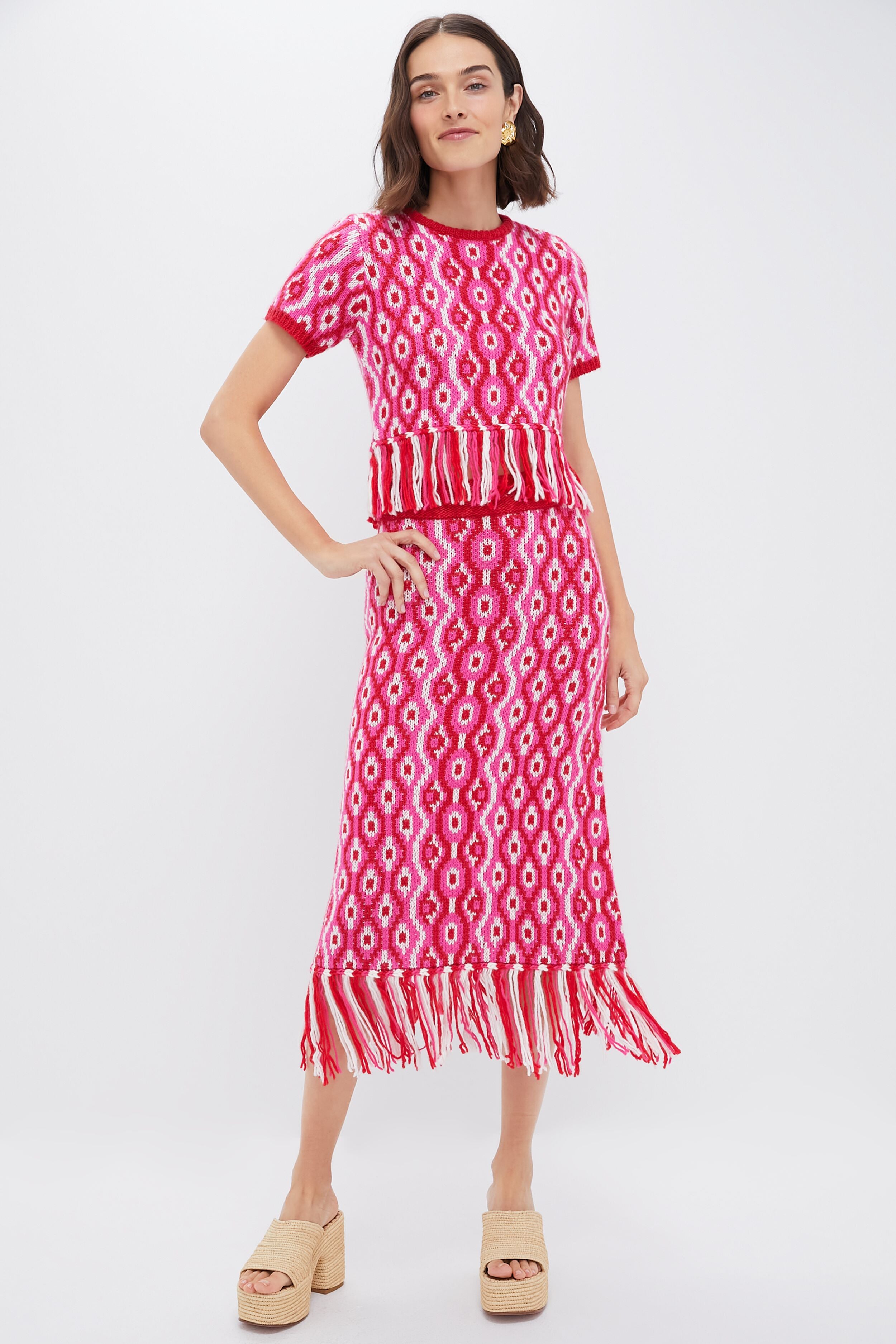 Red & Pink Geo Knit Mabel Midi Skirt