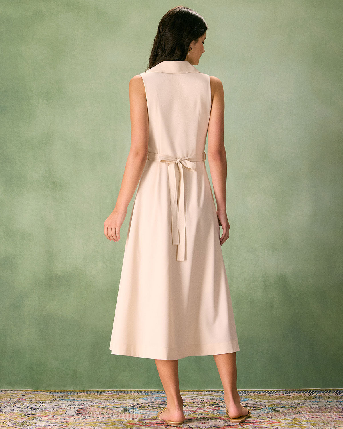 The Beige Collared Sleeveless Shirt Midi Dress