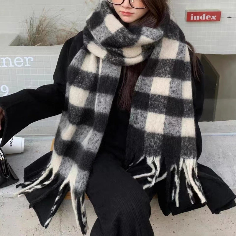 Black And White Plaid Mohair Tassel Scarf Women's Winter New Shawl Lengthened Fashionable Warm Scarf
