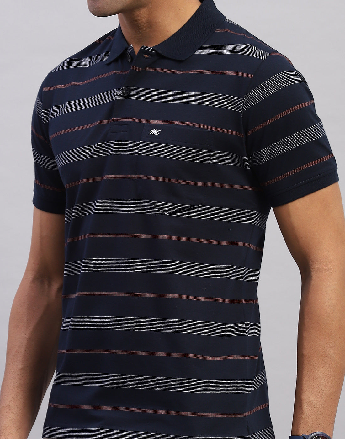 Men Navy Blue Stripe Polo Collar Half Sleeve T-Shirt