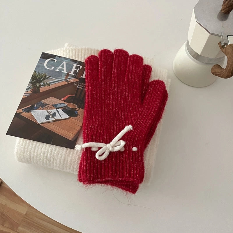 Women's Casual Sweet Bow Knot Spandex Polyester Acrylic Knitted Scarf Hat Gloves