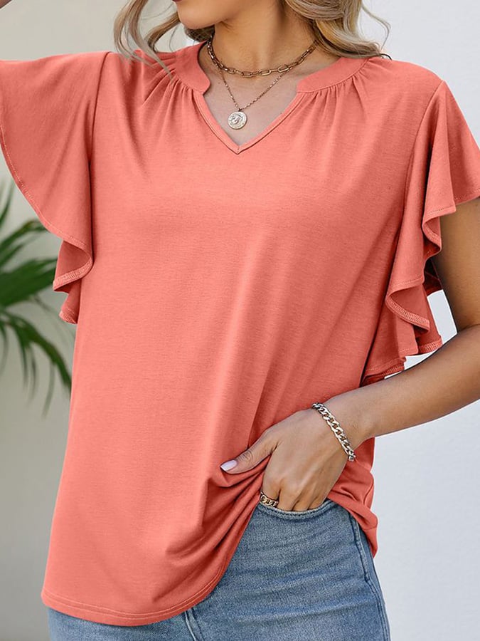 Solid V-neck Ruffled Short Sleeved Casual Top