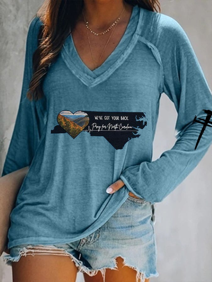 Women's We've Got Your Back Pray For North Carolina Print V-Neck T-Shirt