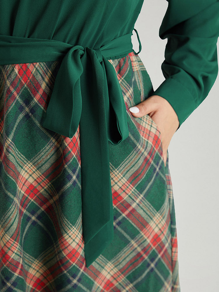 Twill Plaid Print Notched Contrast Belted Dress