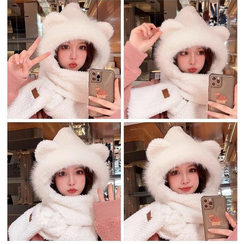 Cute Bear Ears Plush Hat Scarf Integrated Female Autumn And Winter Cycling Warm All-Matching Mask Ear Protection Scarf