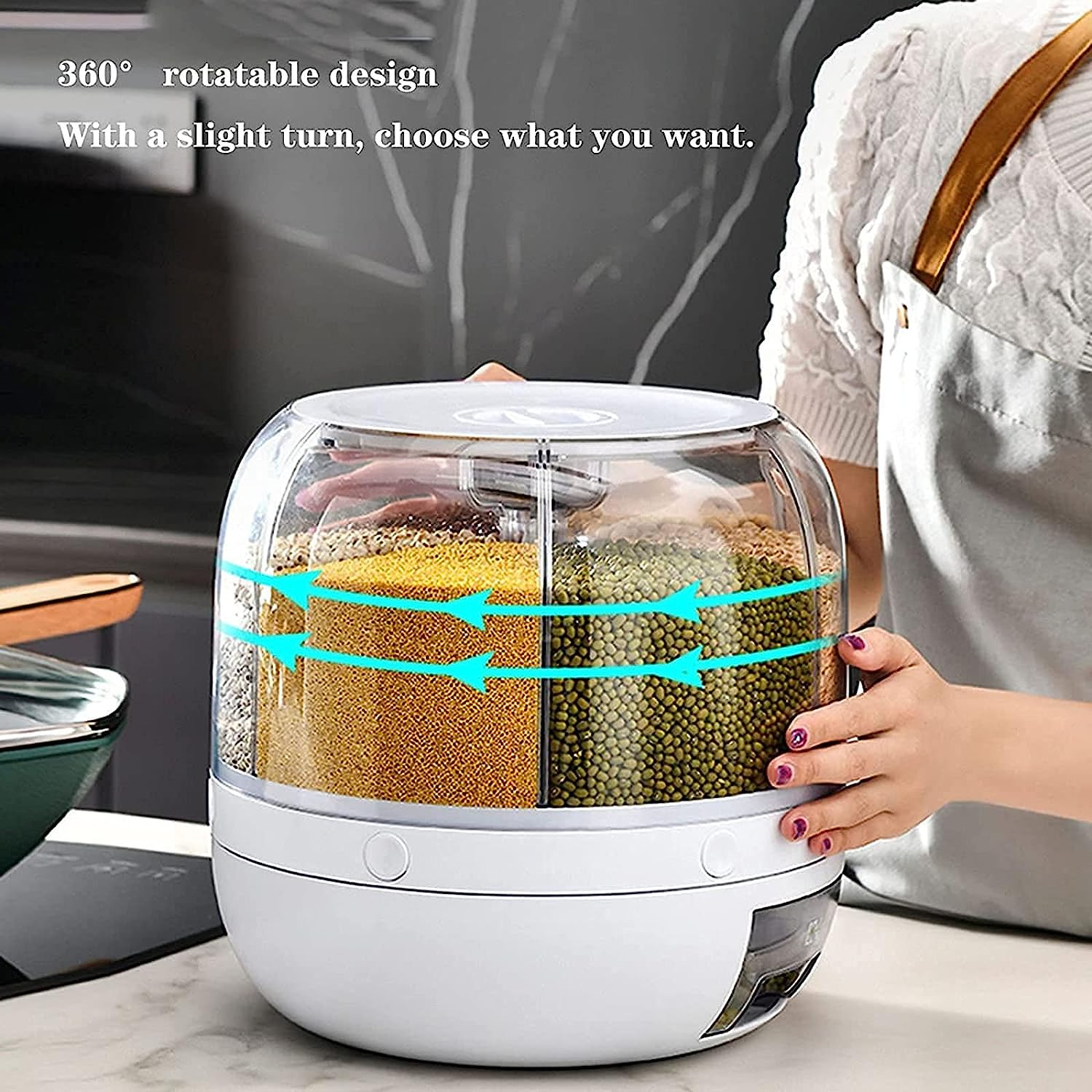 Cereal Rice Bucket Dispenser 6 Grid 360° Rotating Waterproof And Moisture-Proof Rice Storage Box For Kitchen. White