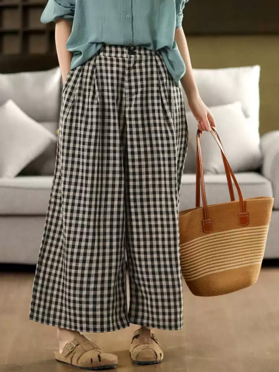 Women Summer Vintage Plaid Cotton Wide-leg Pants