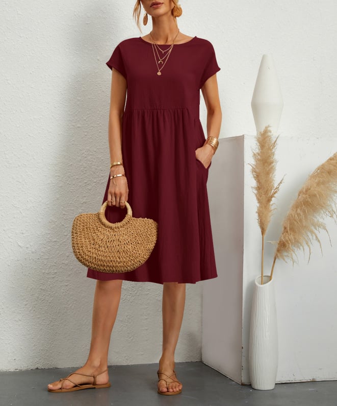 Solid Color Short Sleeve Loose Cotton Linen Pocket Midi Dress