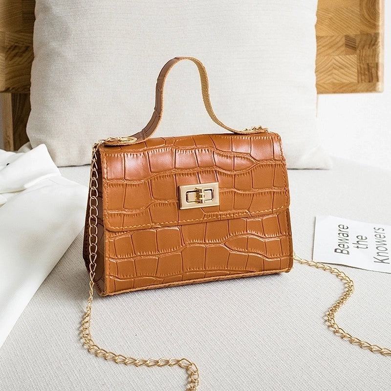 Women's Pu Leather Solid Color Crocodile Elegant Classic Style Metal Button Square Lock Clasp Shoulder Bag Handbag Crossbody Bag