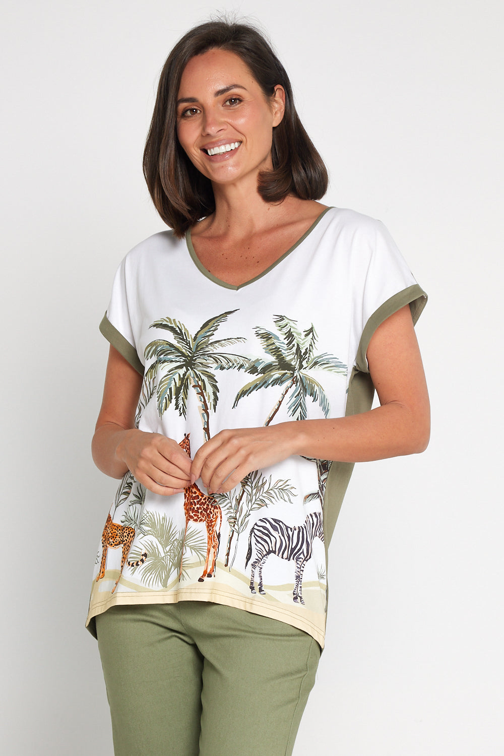 Africa Drop Shoulder Cotton Tee - White/Khaki