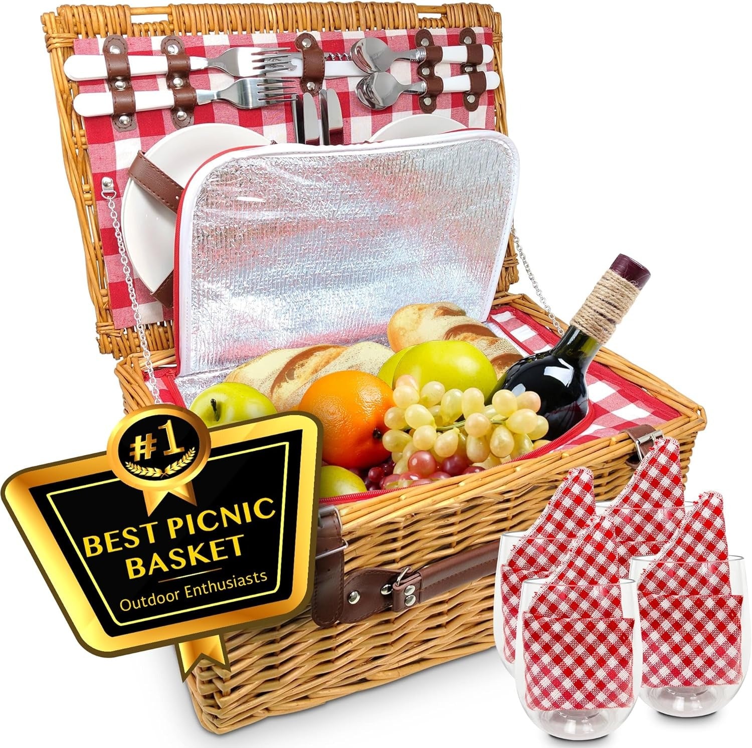 Luxury Picnic Basket for 4 Insulated Wicker Hamper with Plaid Blanket