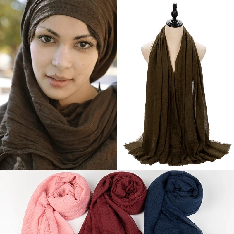 Hot Selling Women's Cotton And Linen Solid Color Baotou Scarf Cover Pleated Short Beard Headscarf