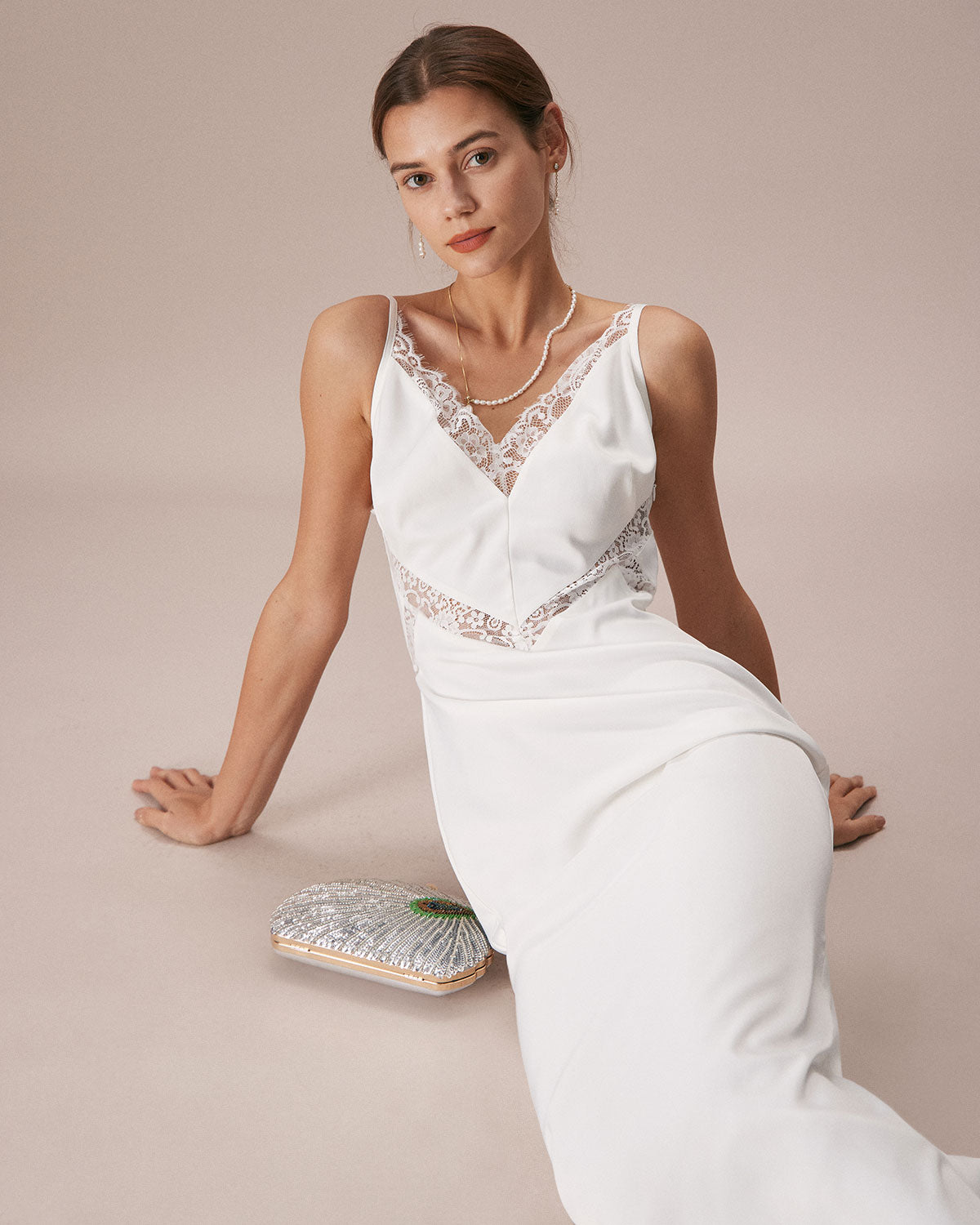 The White V Neck Lace Trim Slip Maxi Dress