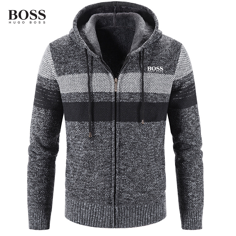 BOSS Men-s STRIPED ZIP UP HOODED SWEATER