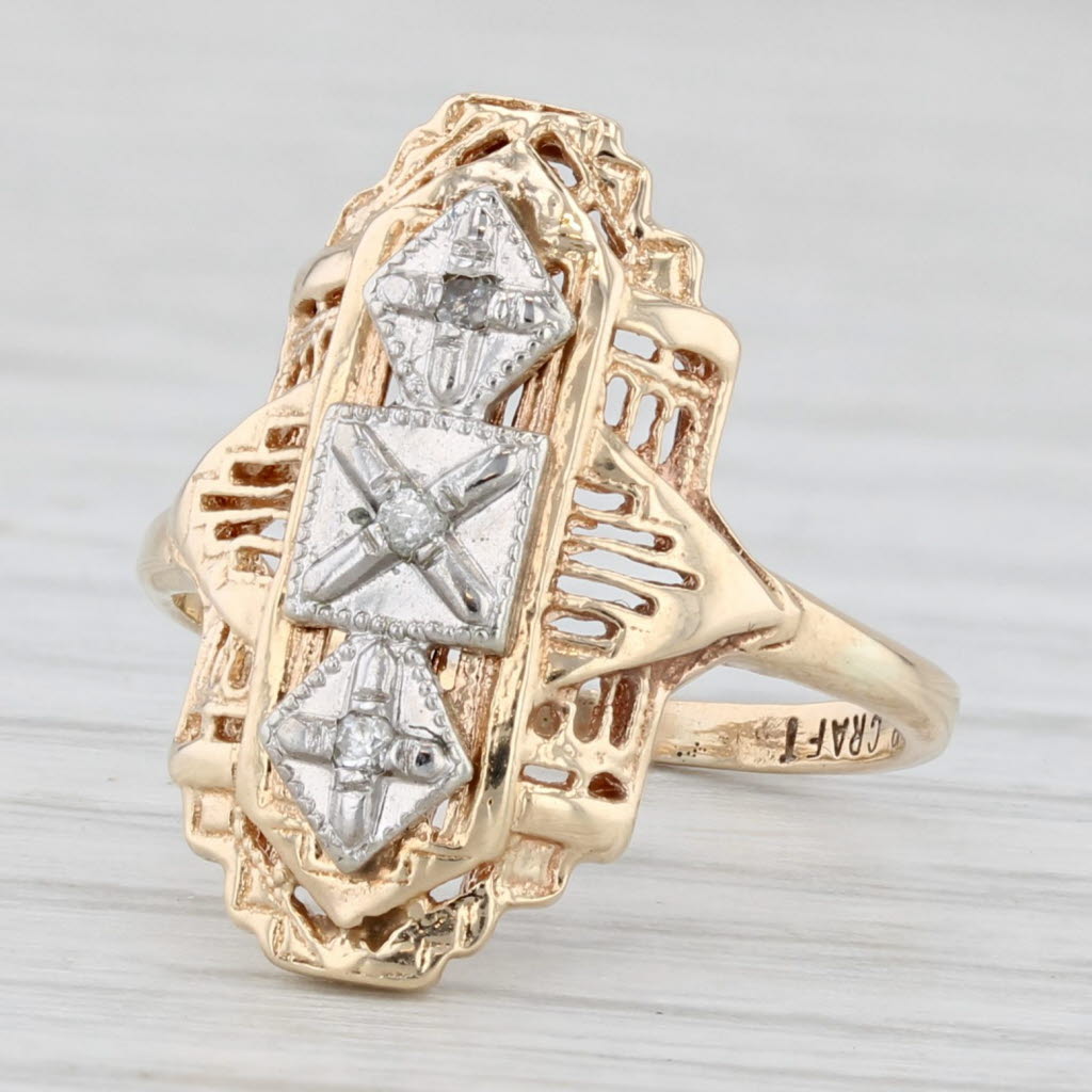 Vintage Diamond Filigree Ring 10k Yellow White Gold Size 4.5 Star Craft