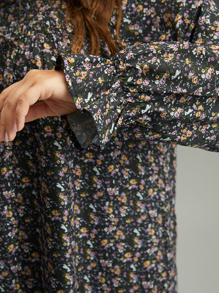 Ditsy Floral Stand Collar Pleated Blouse