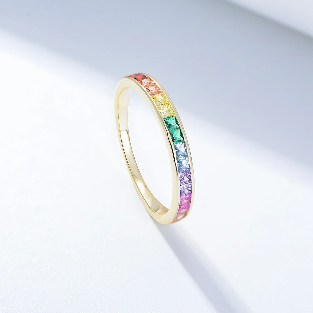 fine jewelry rings 925 sterling silver square rainbow colorful zircon diamond gold plated rings for women couple ring