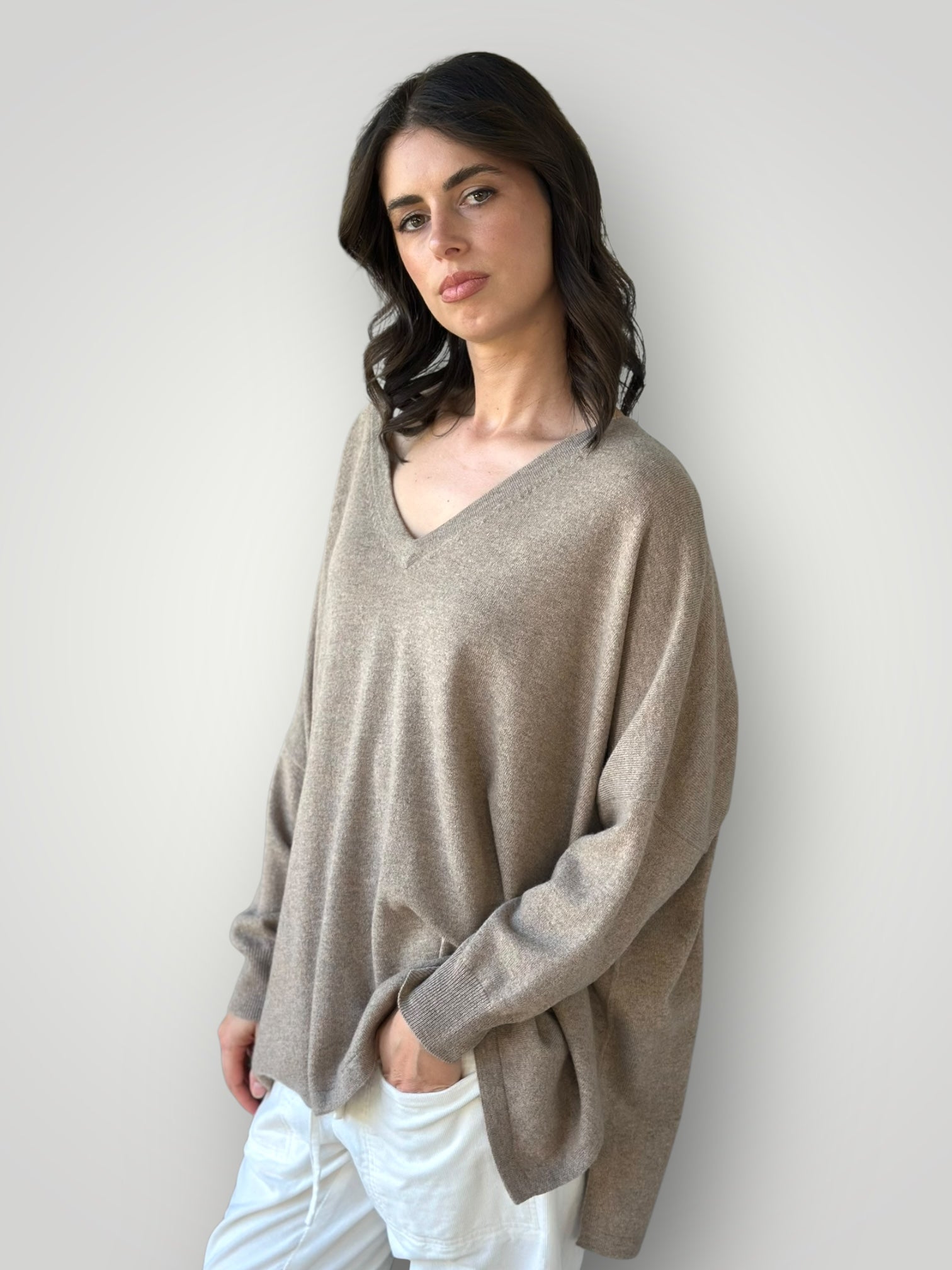 relaxed boyfriend knit- wheat cashmere