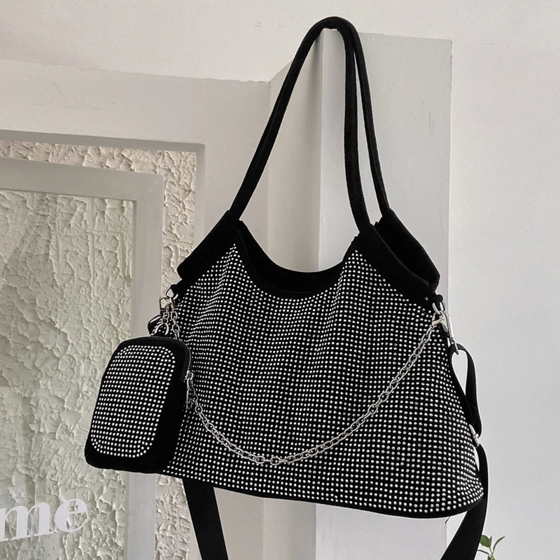Vintage Style Solid Color Rhinestone Semicircle Zipper Shoulder Bag Tote Bag