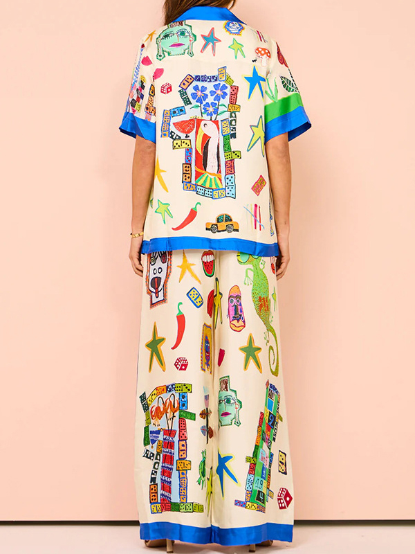High Waisted Loose Asymmetric Printed Split-Joint Pants Trousers