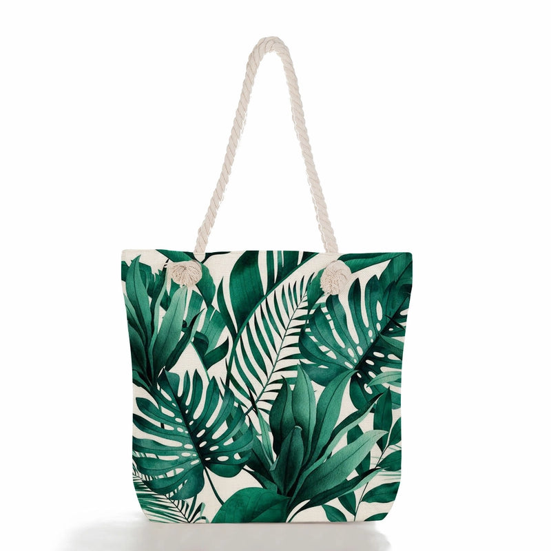 Green Leaf Printed Cotton Rope Bag Large Capacity Shoulder Bag Student Book Tote Bag Printable Logo
