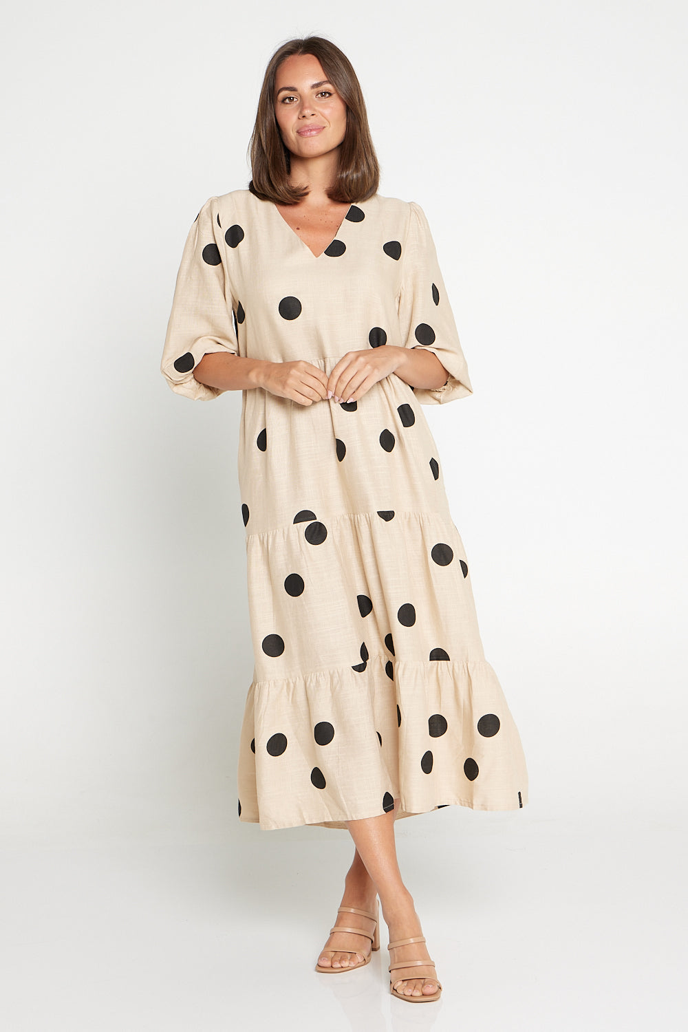 Eleanor Linen Dress - Beige/Black Spot