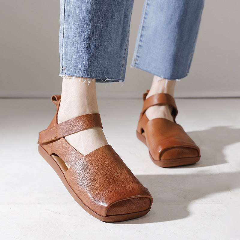 Leather Sandals Square Toe Touch-strap in Brown/Beige/Black