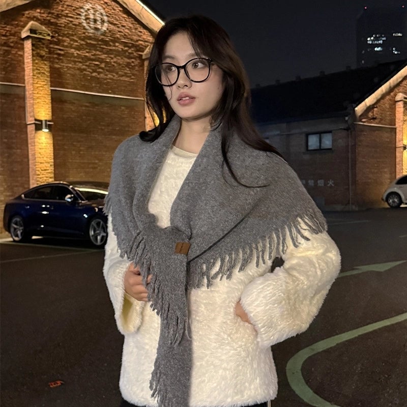Women's Minimalist Solid Color Imitation Cashmere Tassel Scarf Shawl