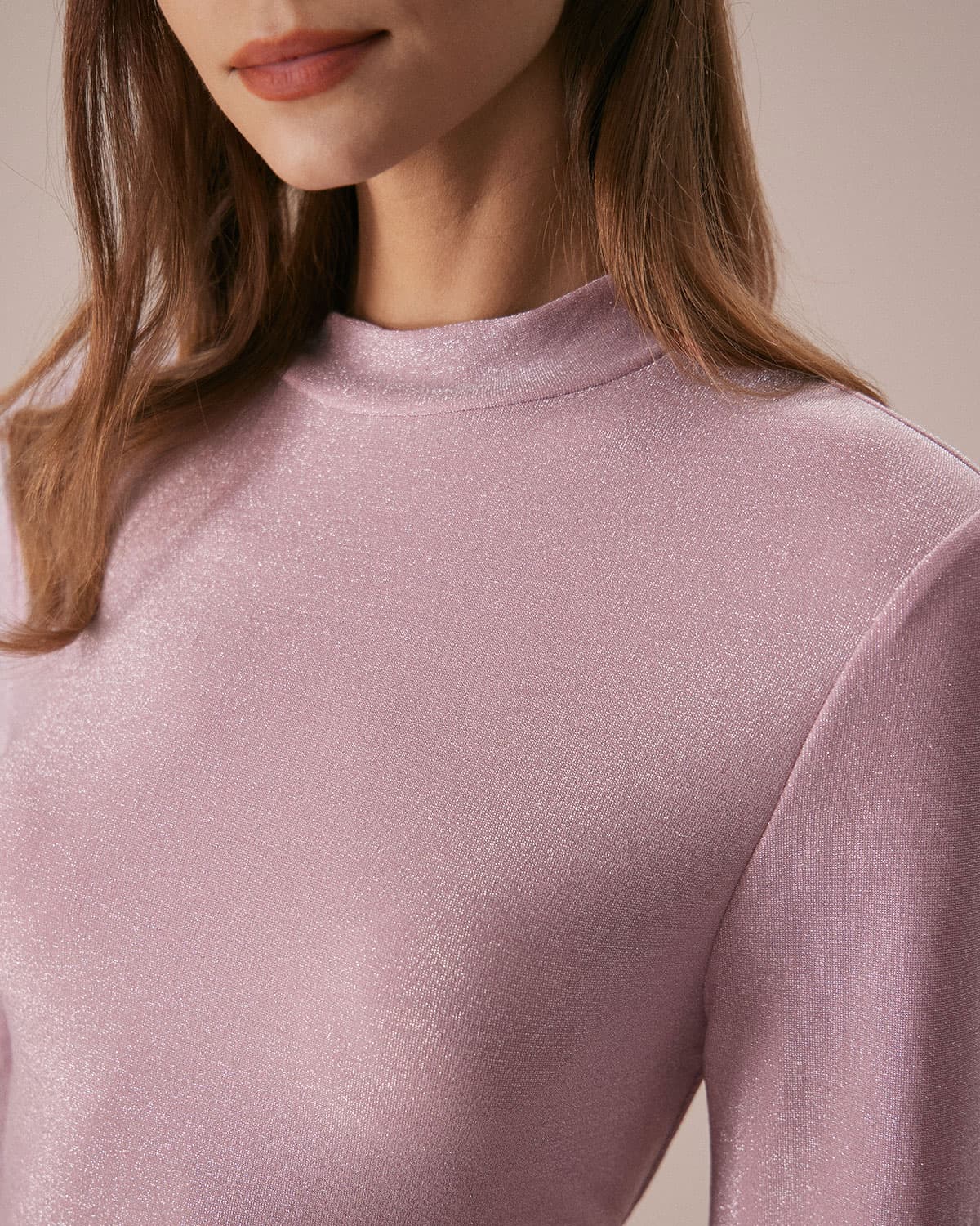 The Pink Mock Neck Long Sleeve Lurex Tee